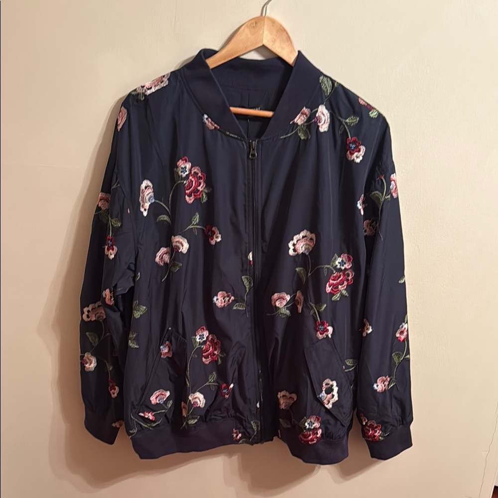 CLEARANCE Lane Bryant Blue Bomber Jacket with Floral Design